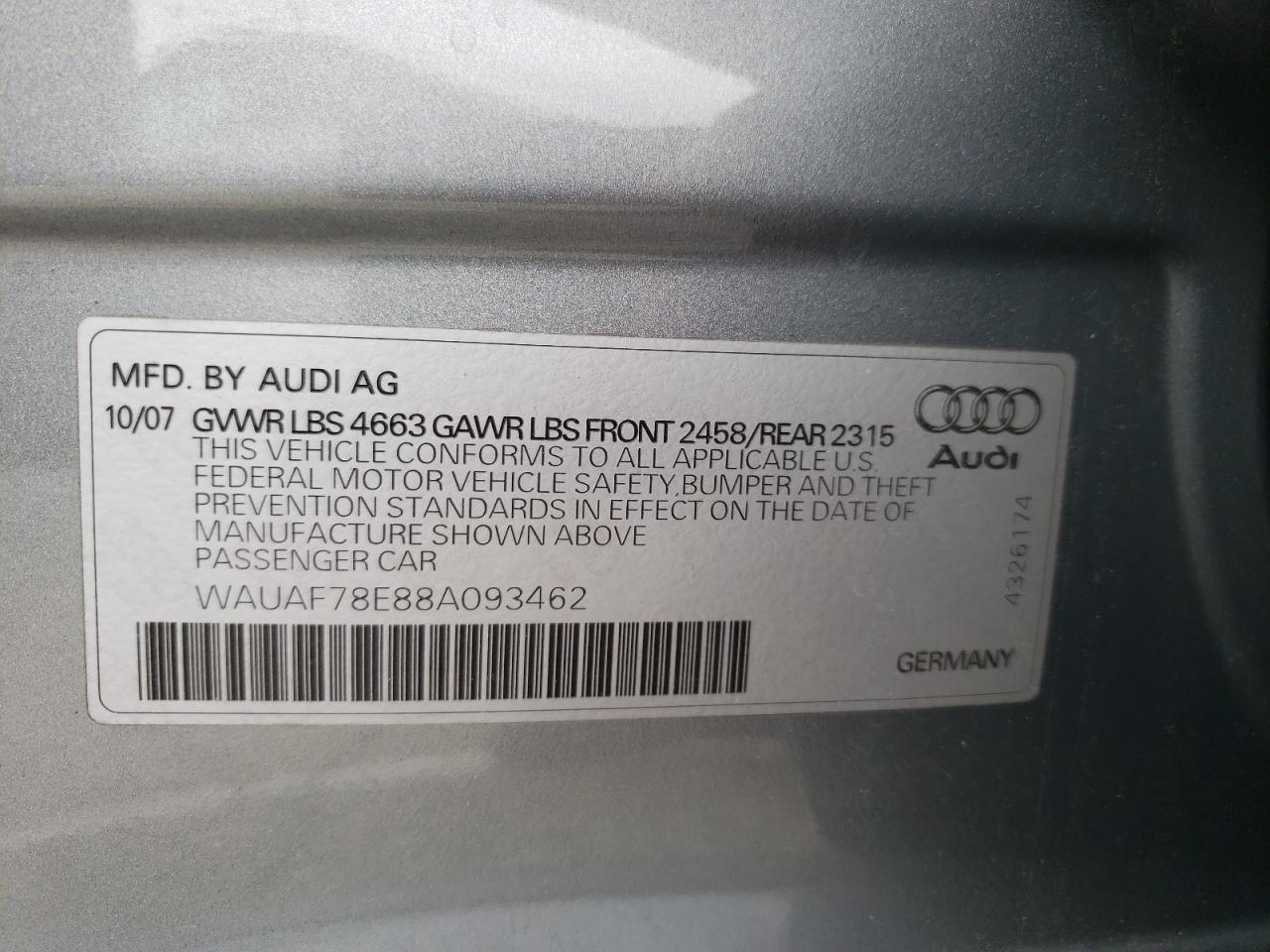 Photo 10 from auction – 2008 AUDI A4 2.0T with VIN WAUAF78E88A093462