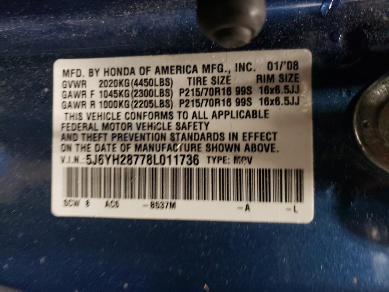Photo 10 from auction – 2008 HONDA ELEMENT EX with VIN 5J6YH28778L011736