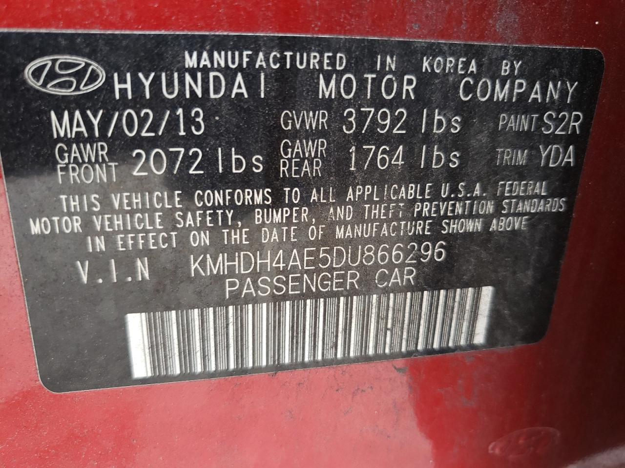 Photo 10 from auction – 2013 HYUNDAI ELANTRA GL with VIN KMHDH4AE5DU866296