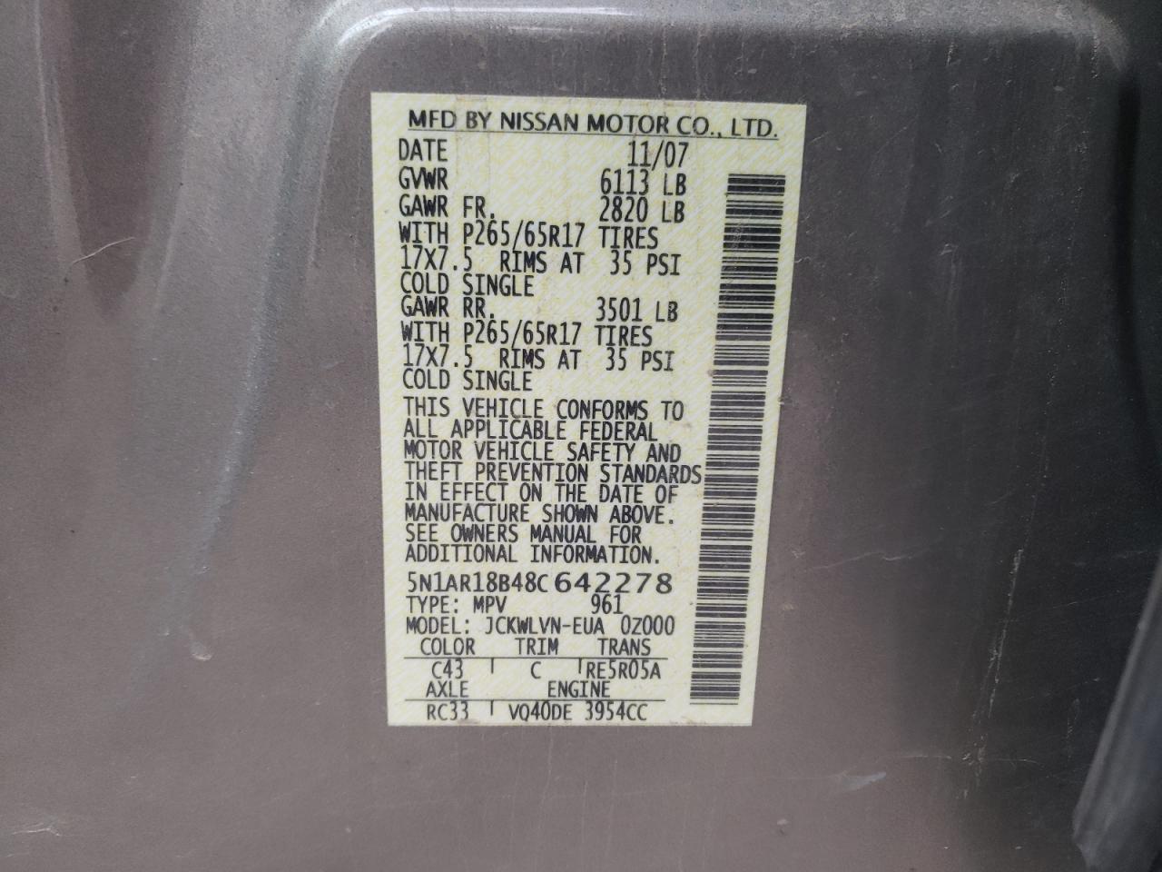 Photo 10 from auction – 2008 NISSAN PATHFINDER with VIN 5N1AR18B48C642278