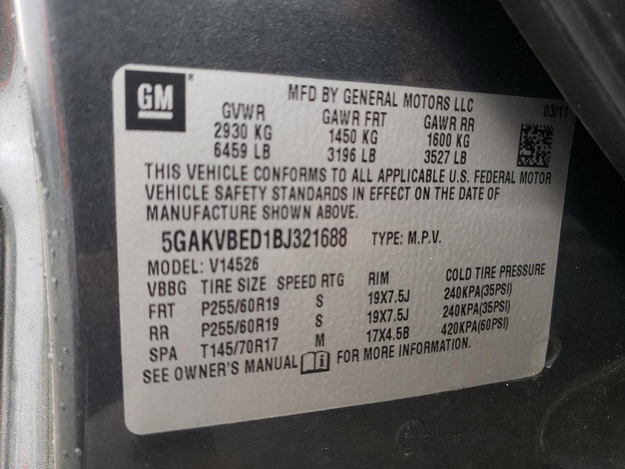 Photo 10 from auction – 2011 BUICK ENCLAVE CX with VIN 5GAKVBED1BJ321688