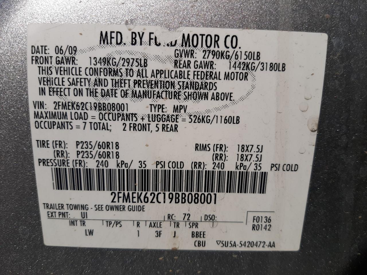 Photo 10 from auction – 2009 FORD FLEX SEL with VIN 2FMEK62C19BB08001