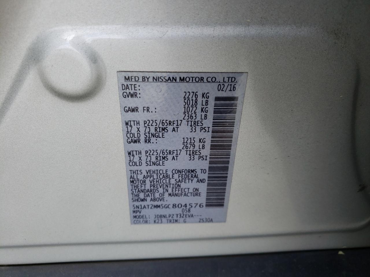 Photo 10 from auction – 2016 NISSAN ROGUE S with VIN 5N1AT2MM5GC804576