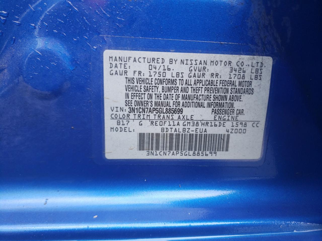 Photo 10 from auction – 2016 NISSAN VERSA S with VIN 3N1CN7AP5GL885699