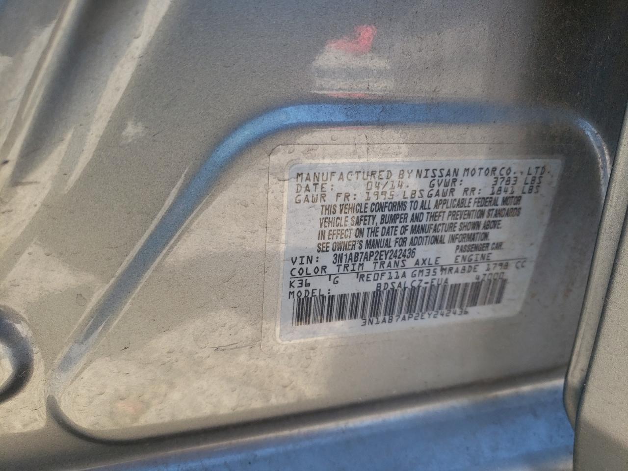 Photo 10 from auction – 2014 NISSAN SENTRA S with VIN 3N1AB7AP2EY242436