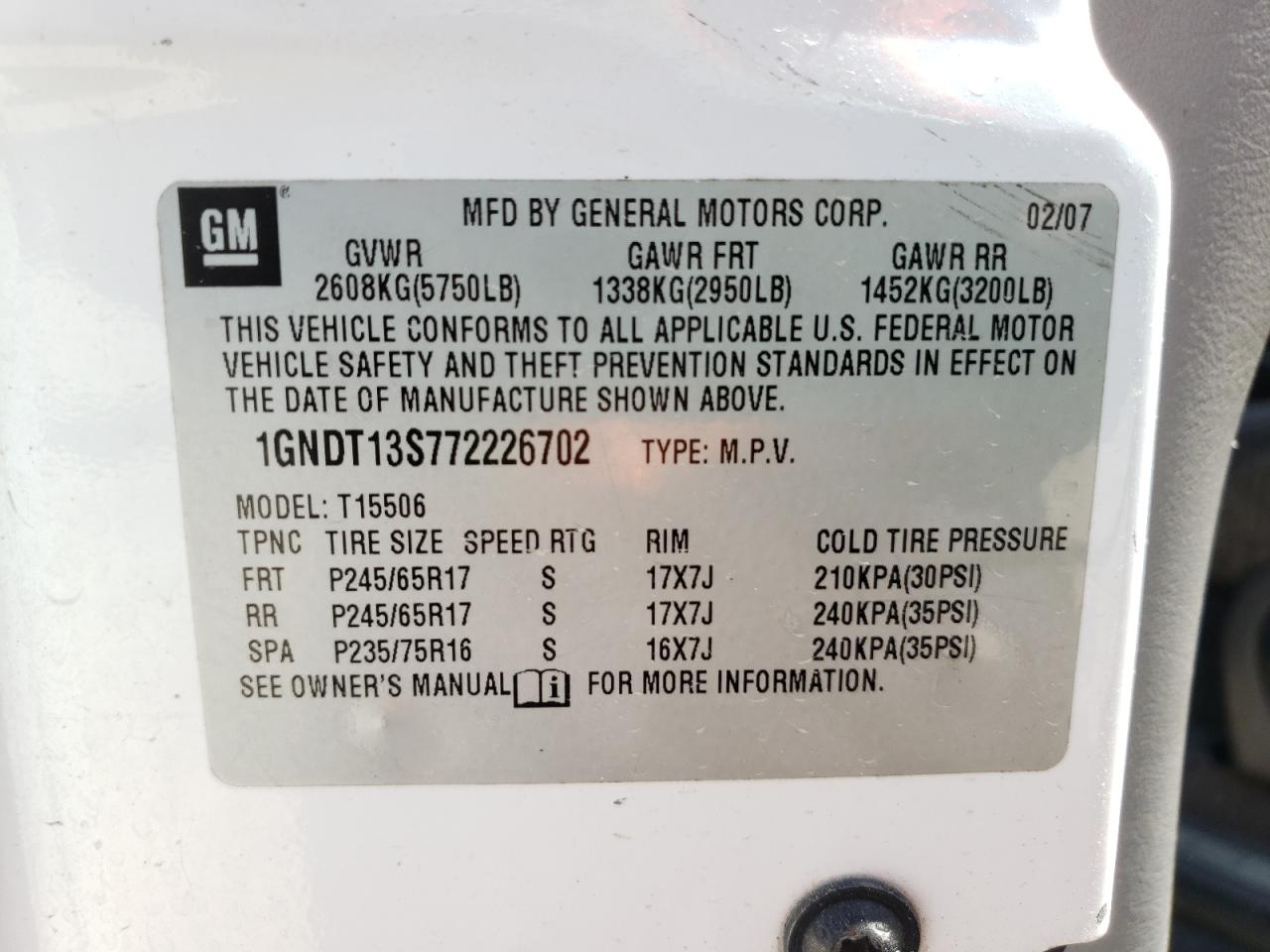 Photo 10 from auction – 2007 CHEVROLET TRAILBLAZE with VIN 1GNDT13S772226702