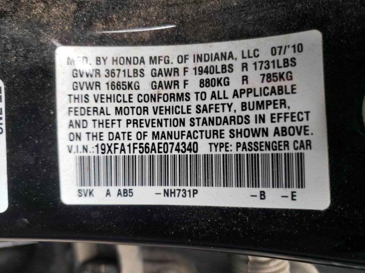 Photo 10 from auction – 2010 HONDA CIVIC LX with VIN 19XFA1F56AE074340