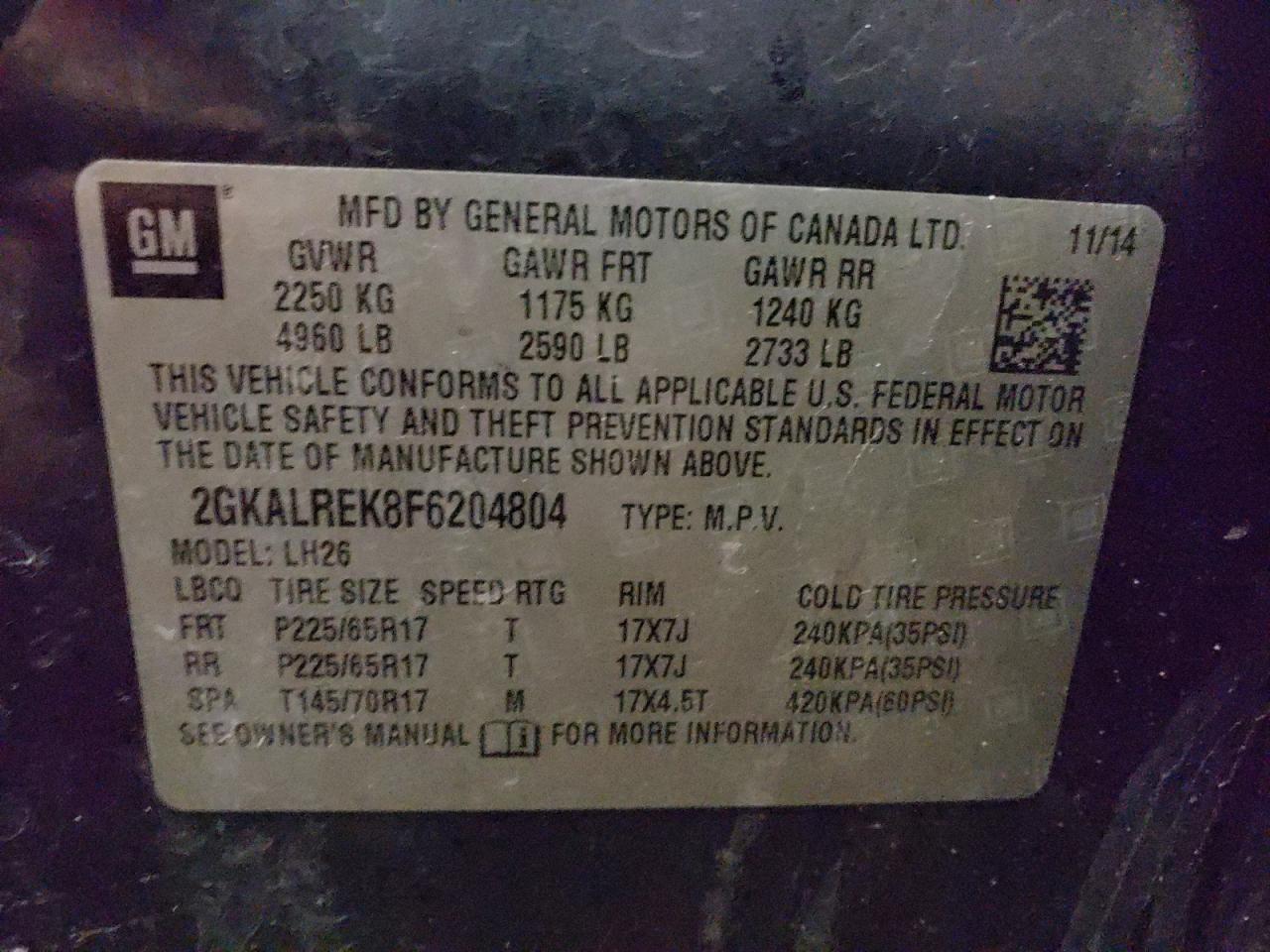 Photo 10 from auction – 2015 GMC TERRAIN SL with VIN 2GKALREK8F6204804