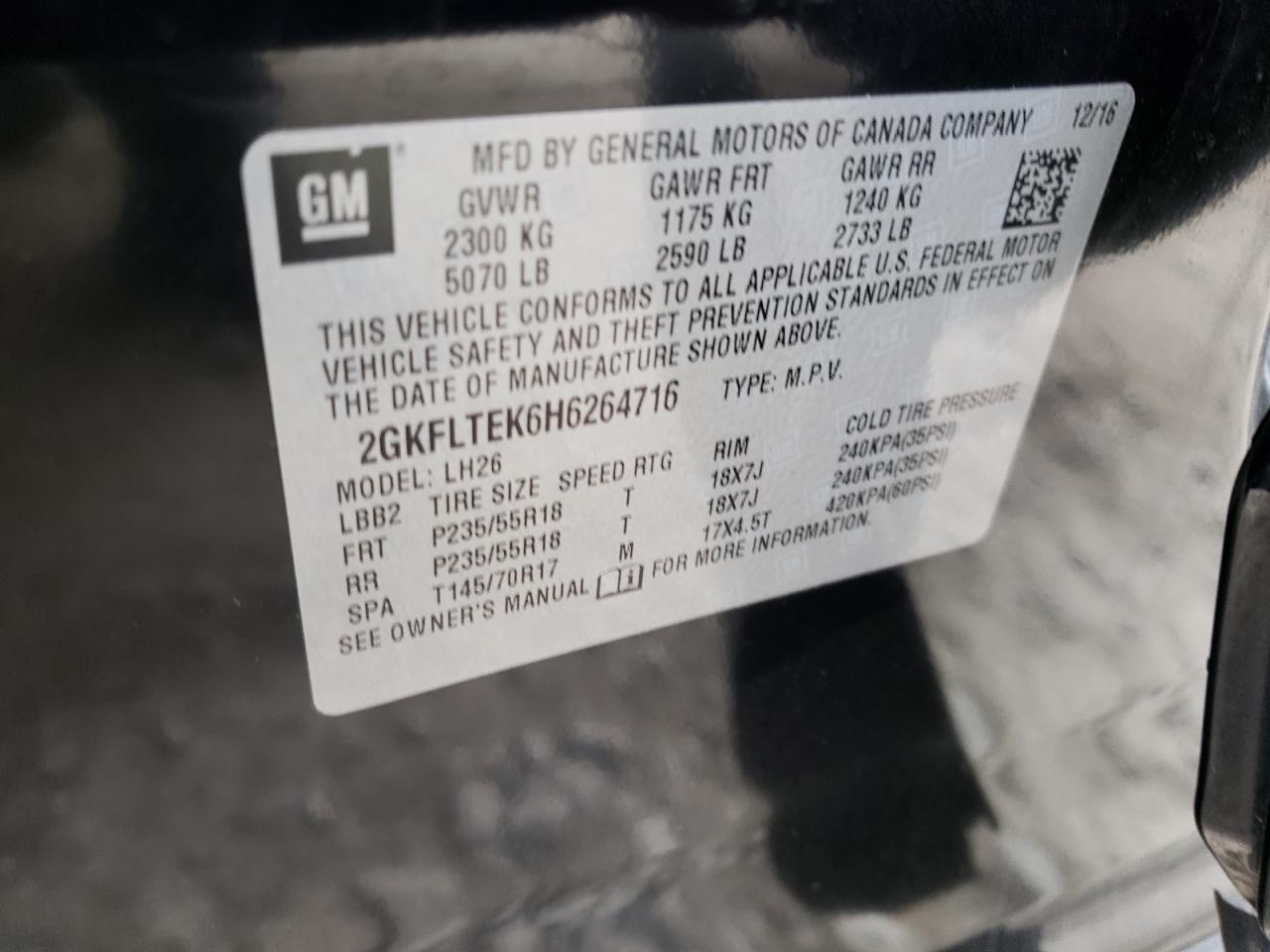 Photo 10 from auction – 2017 GMC TERRAIN SL with VIN 2GKFLTEK6H6264716