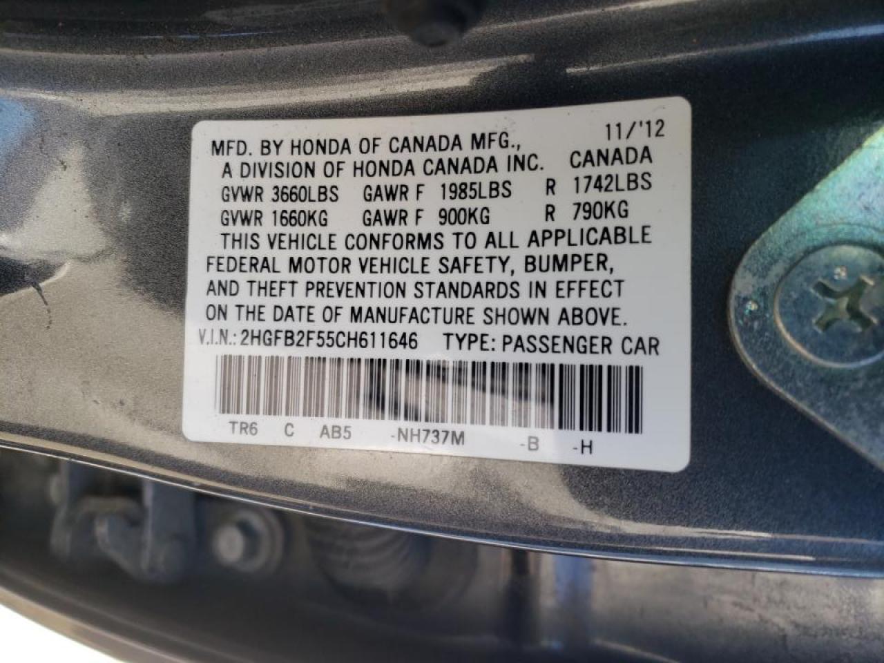 Photo 10 from auction – 2012 HONDA CIVIC LX with VIN 2HGFB2F55CH611646