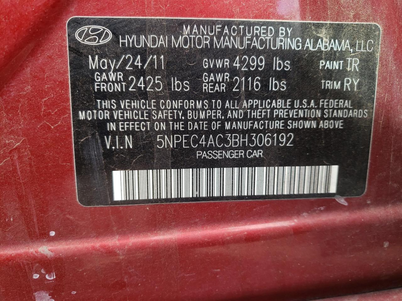 Photo 10 from auction – 2011 HYUNDAI SONATA SE with VIN 5NPEC4AC3BH306192