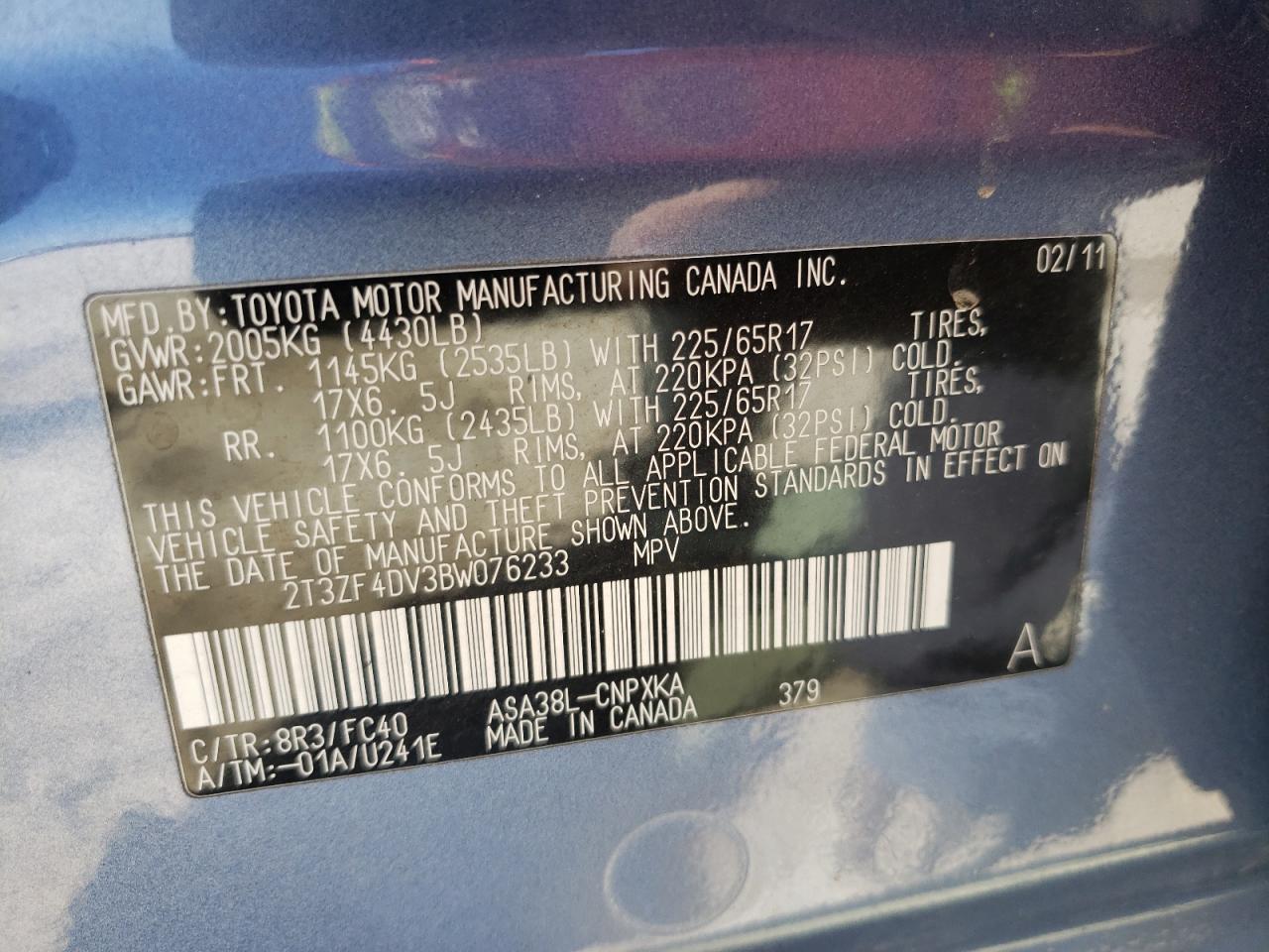 Photo 10 from auction – 2011 TOYOTA RAV4 with VIN 2T3ZF4DV3BW076233