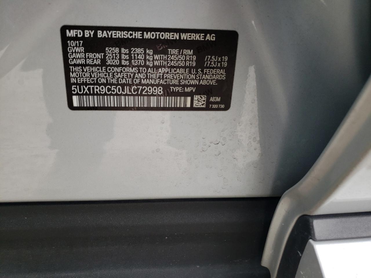 Photo 10 from auction – 2018 BMW X3 with VIN 5UXTR9C50JLC72998