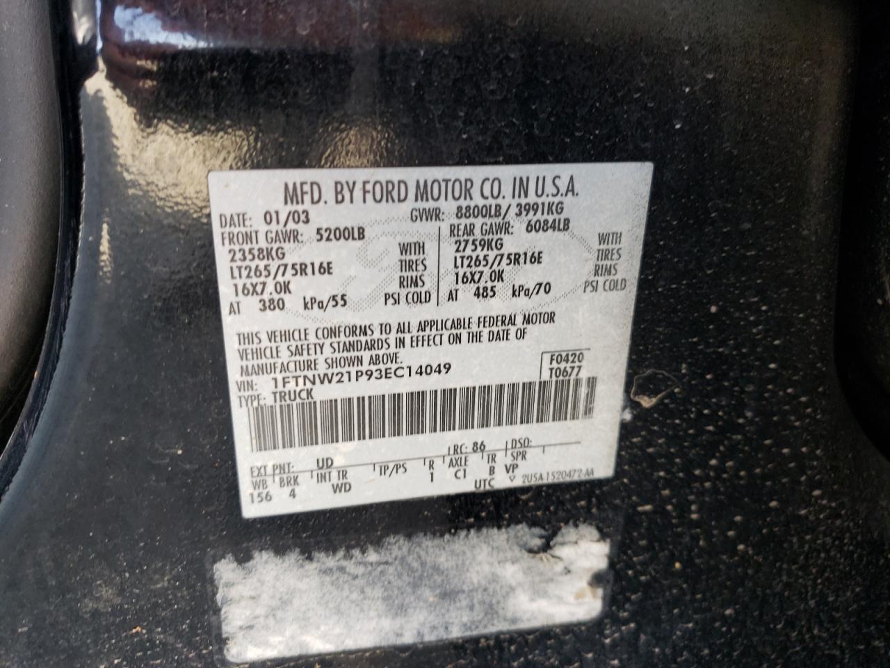 Photo 10 from auction – 2003 FORD F250 SUPER with VIN 1FTNW21P93EC14049