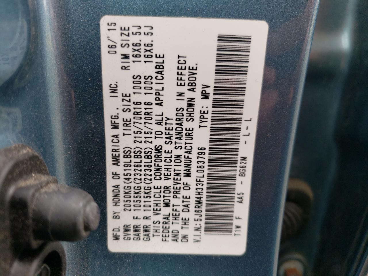 Photo 10 from auction – 2015 HONDA CR-V LX with VIN 5J6RM4H33FL083796