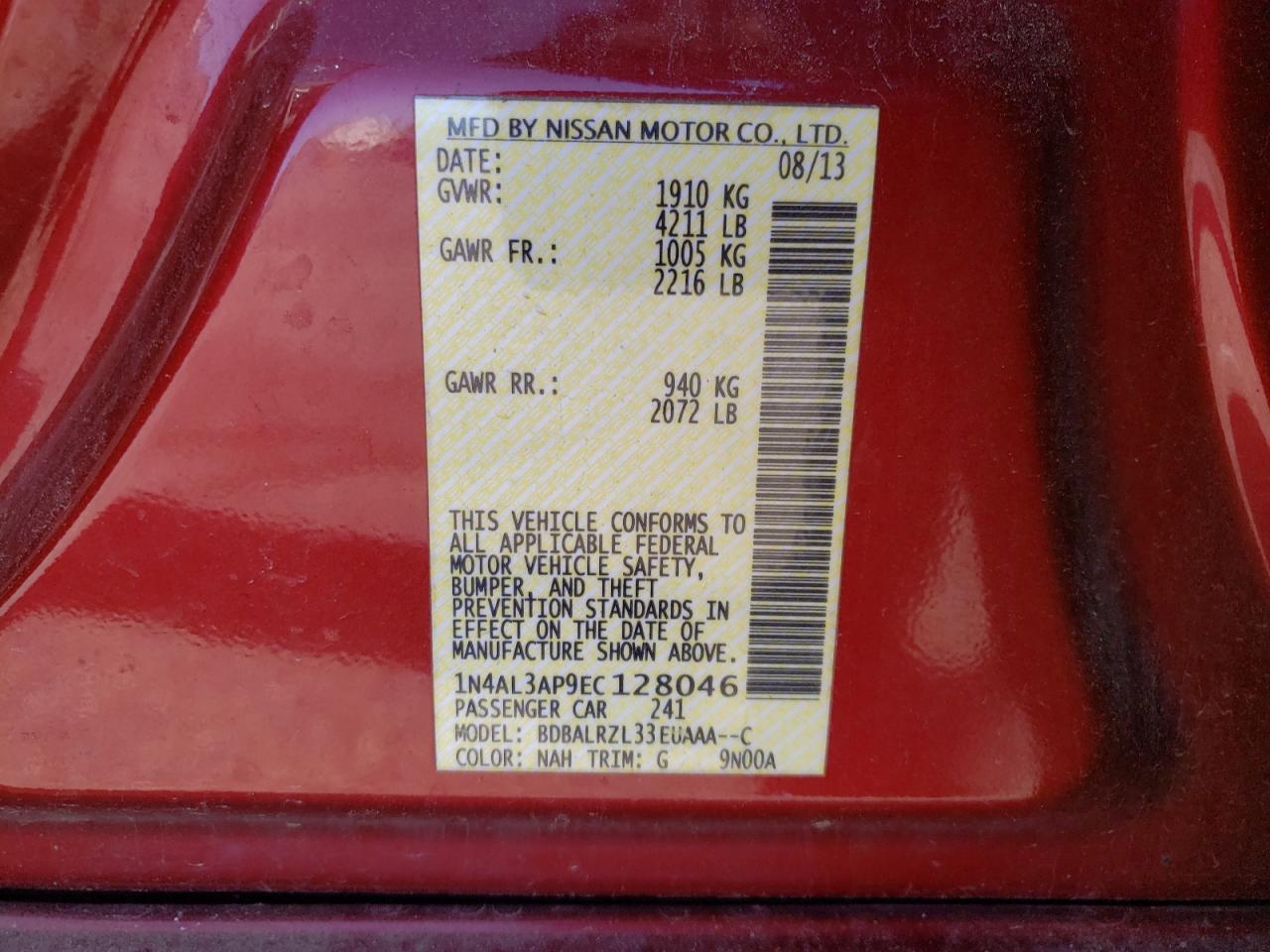 Photo 10 from auction – 2014 NISSAN ALTIMA 2.5 with VIN 1N4AL3AP9EC128046