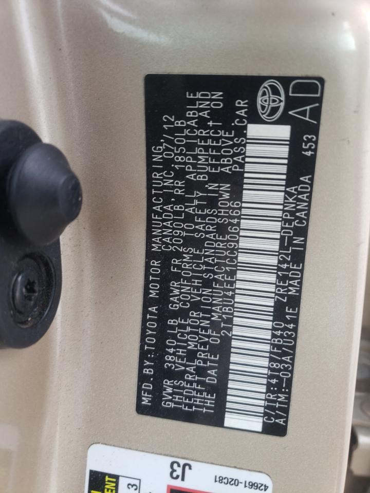 Photo 10 from auction – 2012 TOYOTA COROLLA BA with VIN 2T1BU4EE1CC906466