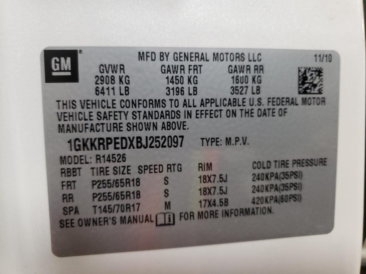 Photo 10 from auction – 2011 GMC ACADIA SLE with VIN 1GKKRPEDXBJ252097