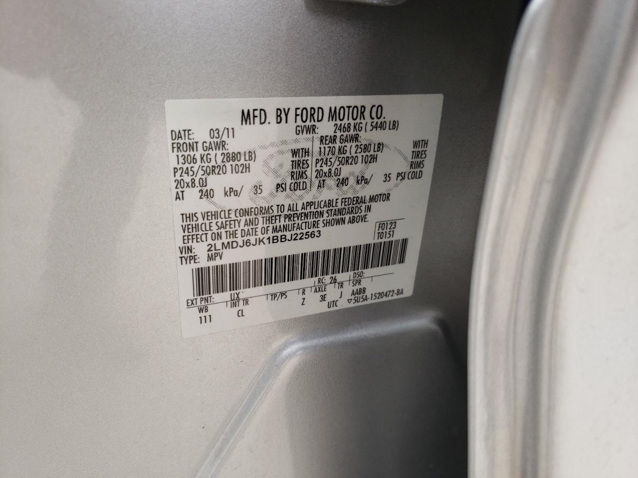 Photo 10 from auction – 2011 LINCOLN MKX with VIN 2LMDJ6JK1BBJ22563
