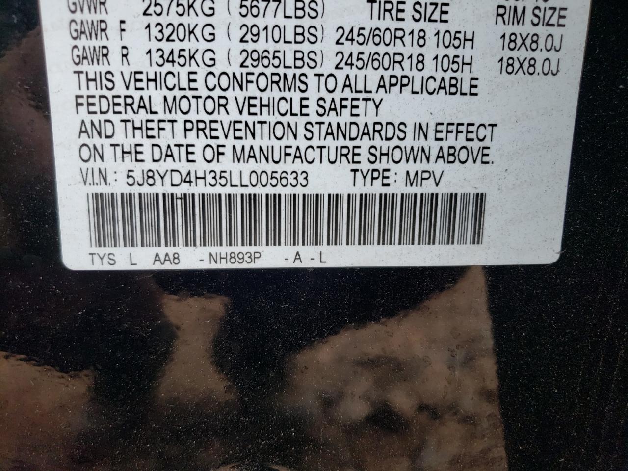 Photo 10 from auction – 2020 ACURA MDX with VIN 5J8YD4H35LL005633