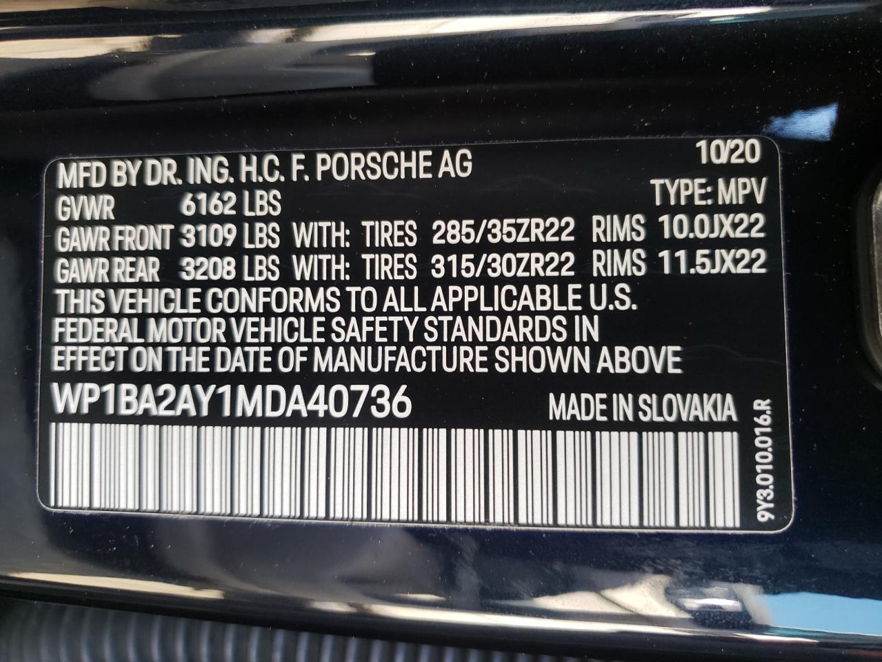 Photo 10 from auction – 2021 PORSCHE CAYENNE CO with VIN WP1BA2AY1MDA40736