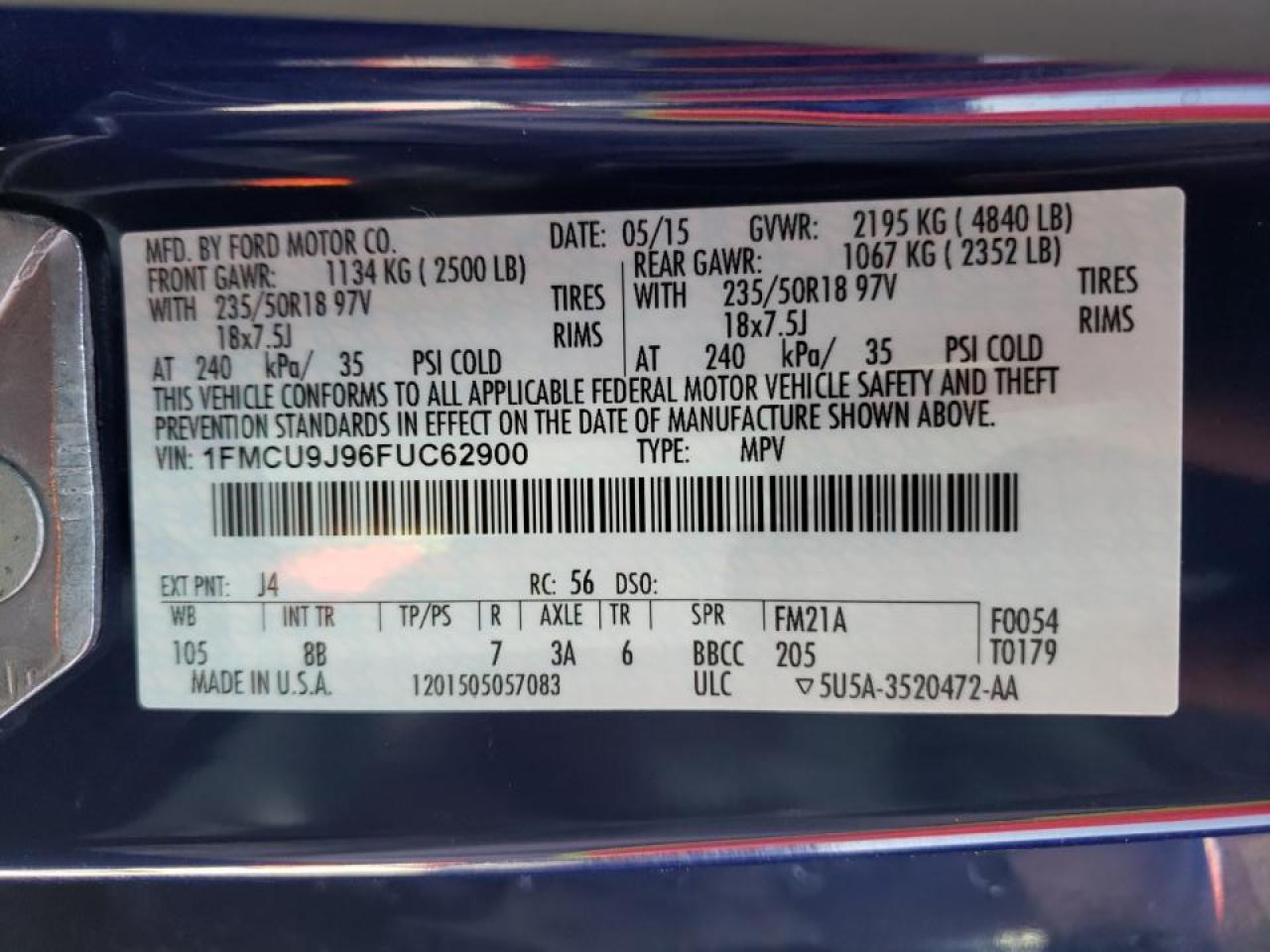 Photo 10 from auction – 2015 FORD ESCAPE TIT with VIN 1FMCU9J96FUC62900