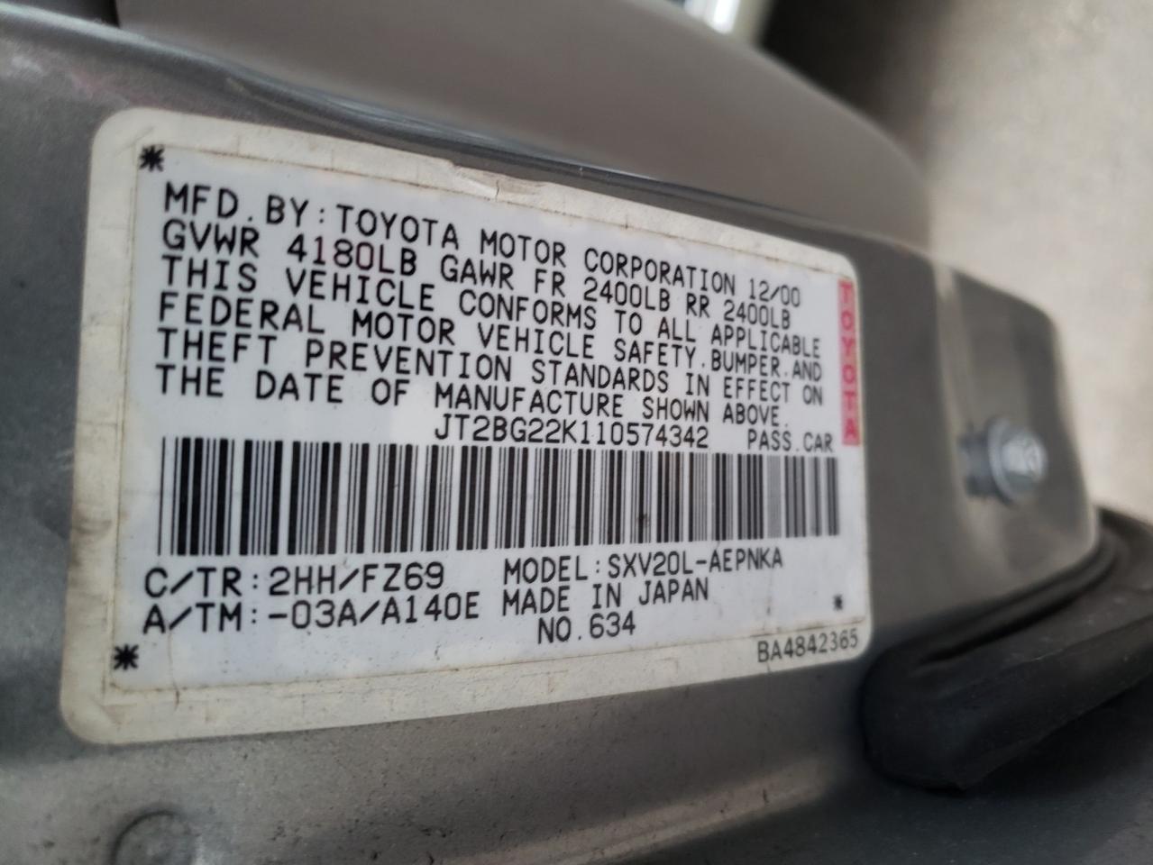 Photo 10 from auction – 2001 TOYOTA CAMRY CE with VIN JT2BG22K110574342