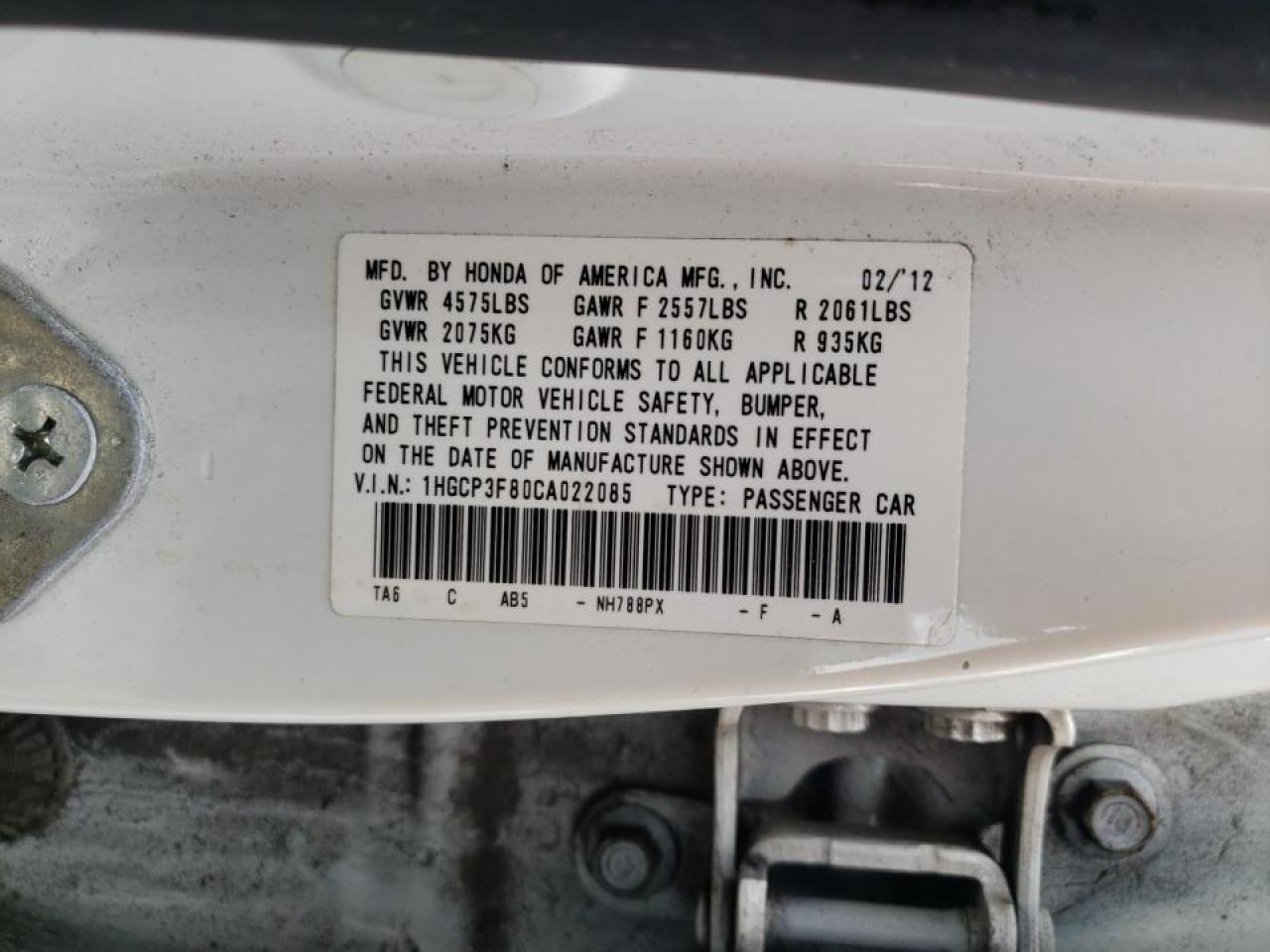Photo 10 from auction – 2012 HONDA ACCORD EXL with VIN 1HGCP3F80CA022085