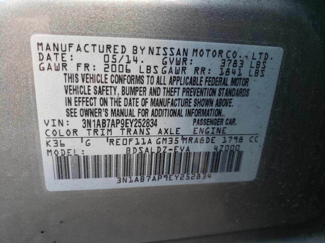 Photo 10 from auction – 2014 NISSAN SENTRA S with VIN 3N1AB7AP9EY252834