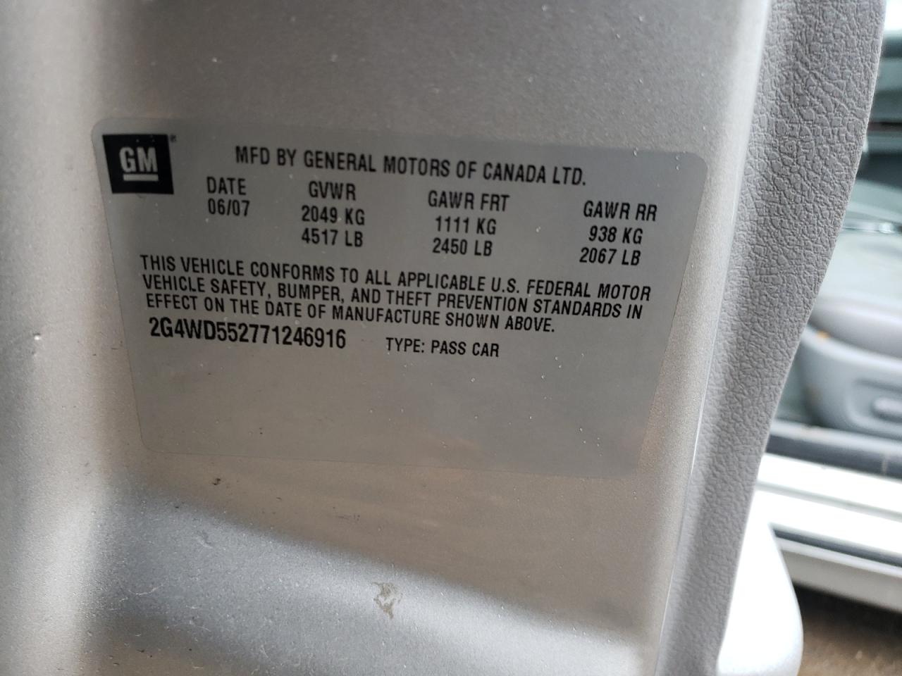 Zdjęcie 10 z aukcji – 2007 BUICK LACROSSE C z VIN 2G4WD552771246916
