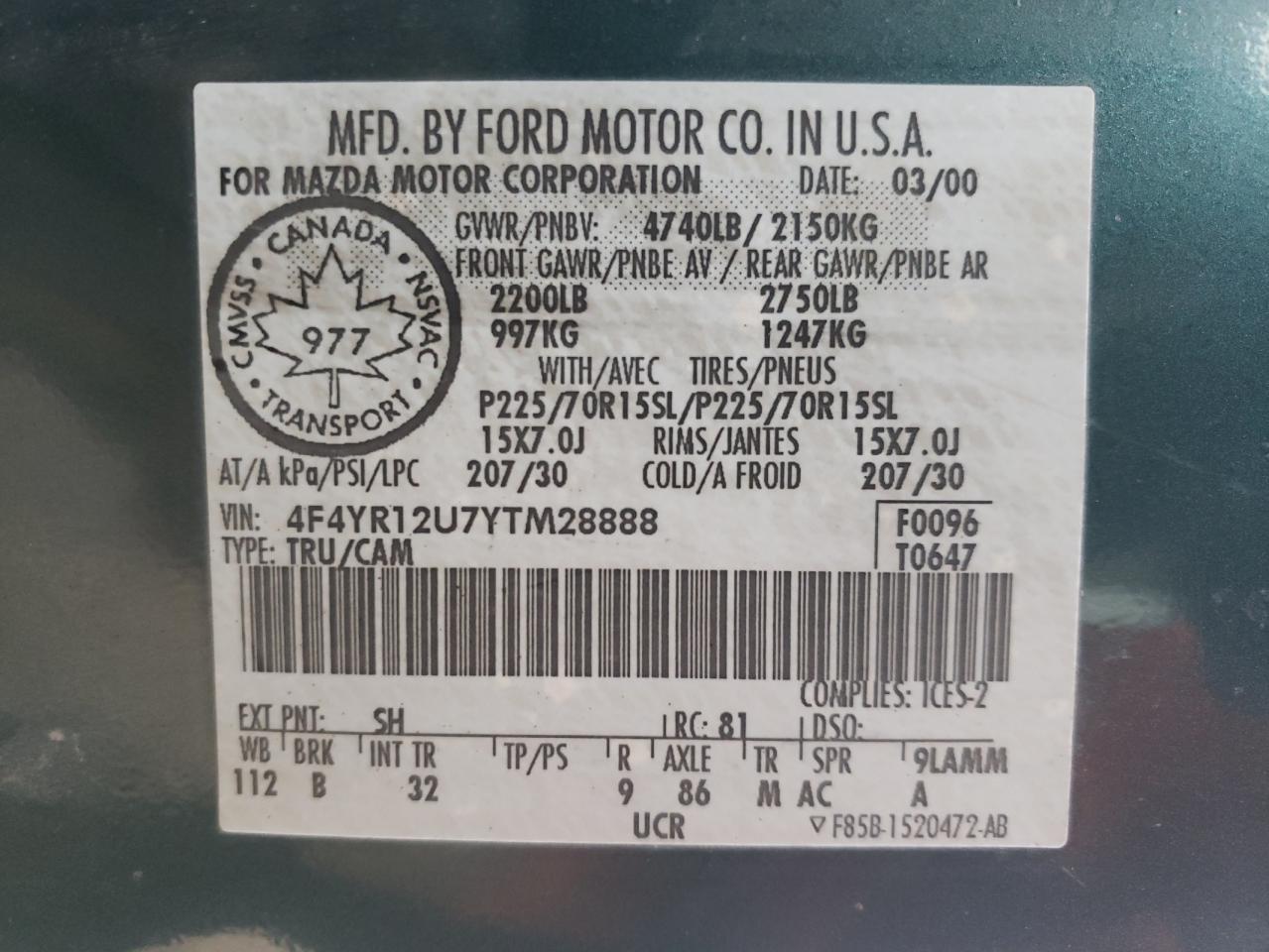 Photo 10 from auction – 2000 MAZDA B3000 with VIN 4F4YR12U7YTM28888