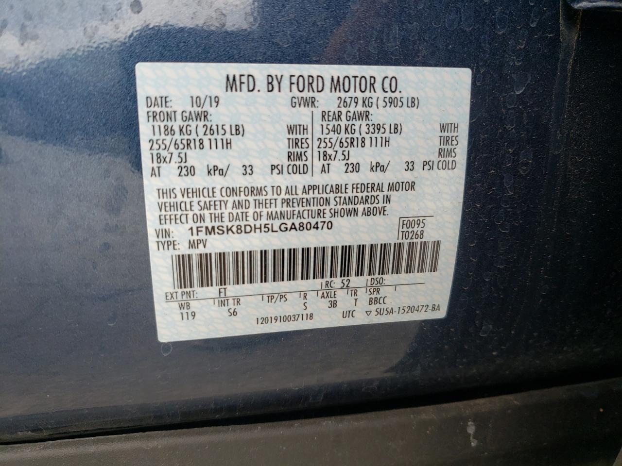 Photo 10 from auction – 2020 FORD EXPLORER X with VIN 1FMSK8DH5LGA80470