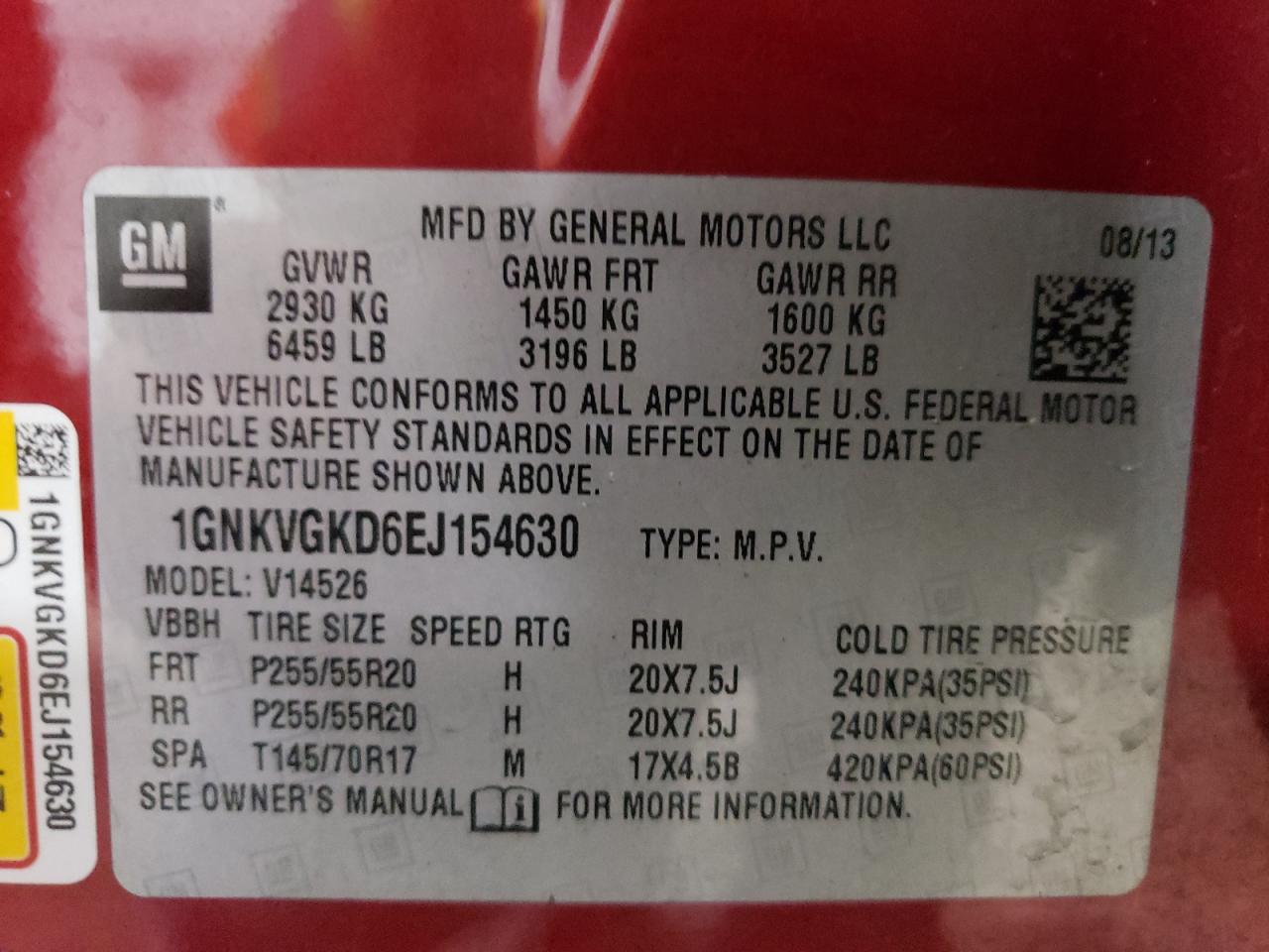 Photo 10 from auction – 2014 CHEVROLET TRAVERSE L with VIN 1GNKVGKD6EJ154630