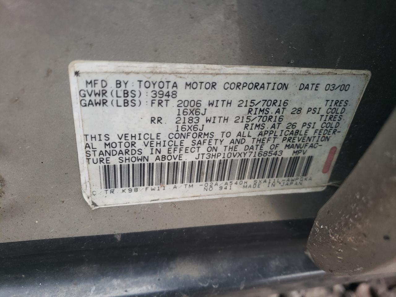 Photo 10 from auction – 2000 TOYOTA RAV4 with VIN JT3HP10VXY7168543
