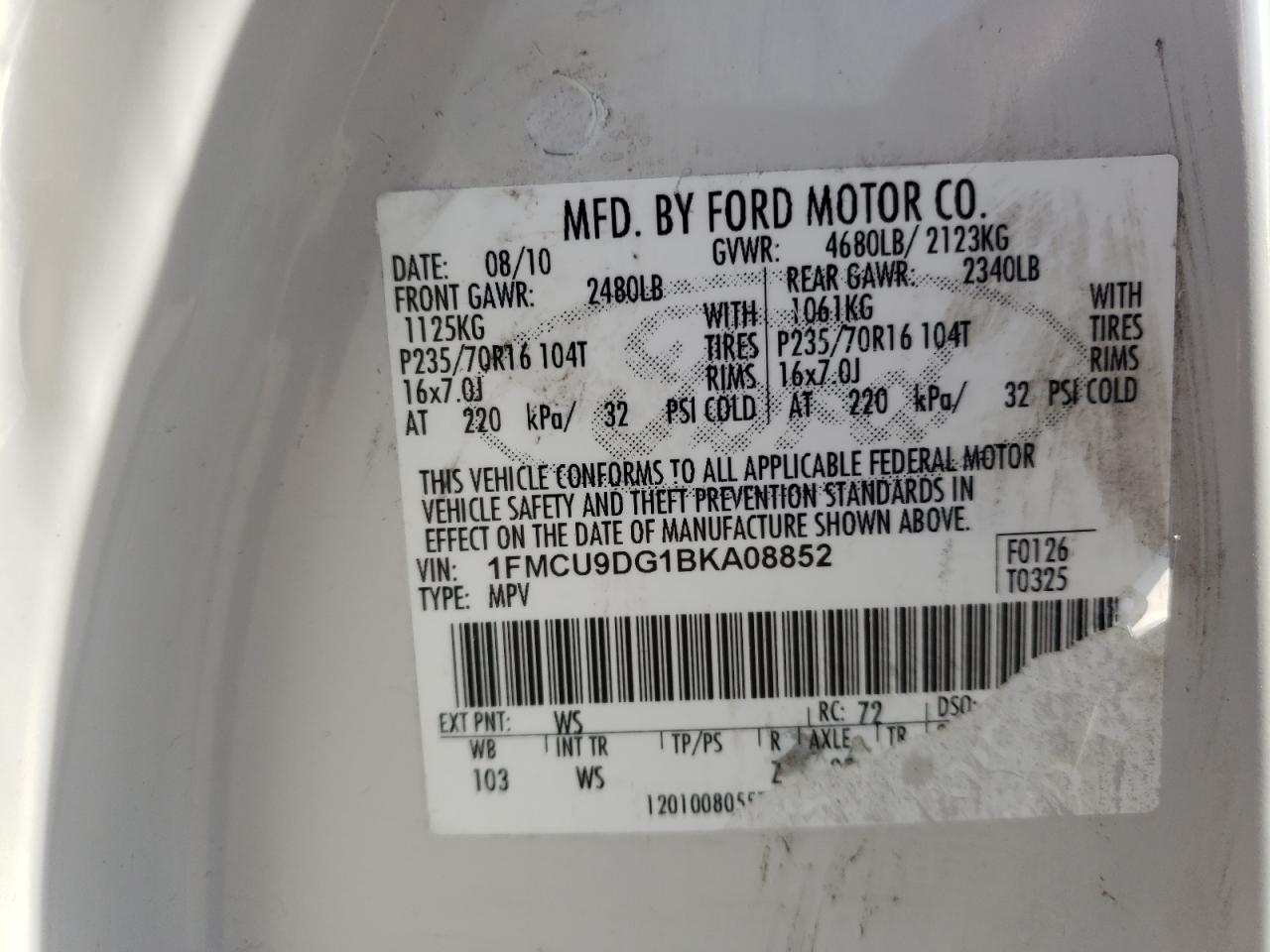 Photo 10 from auction – 2011 FORD ESCAPE XLT with VIN 1FMCU9DG1BKA08852