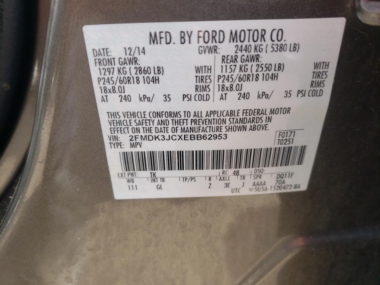 Photo 10 from auction – 2014 FORD EDGE SEL with VIN 2FMDK3JCXEBB62953