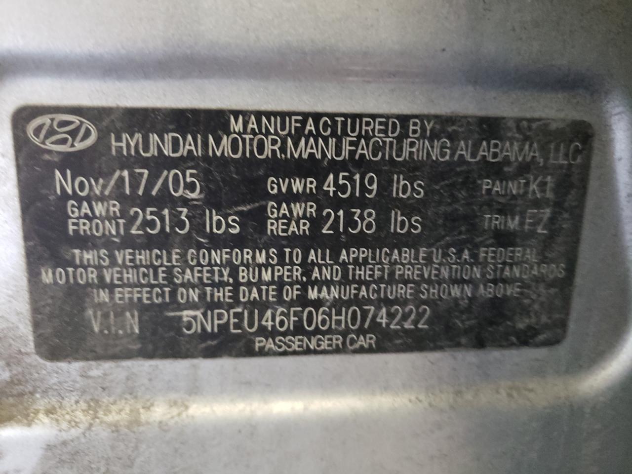 Photo 10 from auction – 2006 HYUNDAI SONATA GLS with VIN 5NPEU46F06H074222