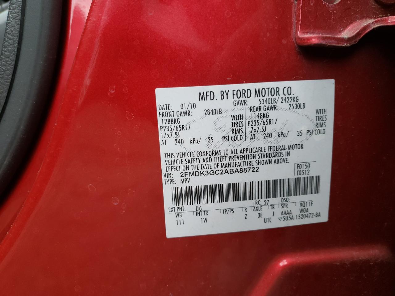 Photo 10 from auction – 2010 FORD EDGE SE with VIN 2FMDK3GC2ABA88722