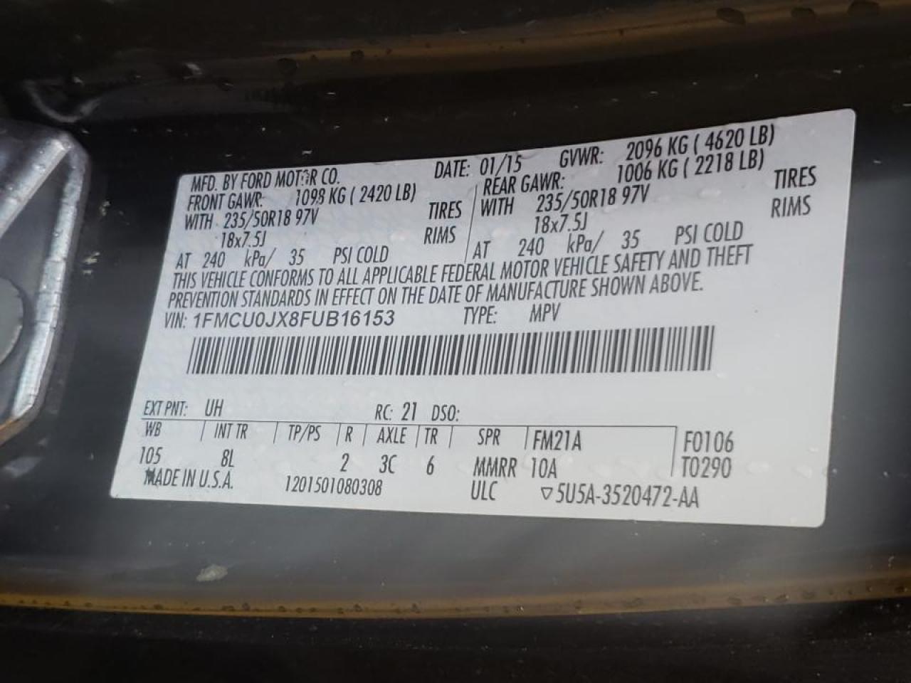 Photo 10 from auction – 2015 FORD ESCAPE TIT with VIN 1FMCU0JX8FUB16153