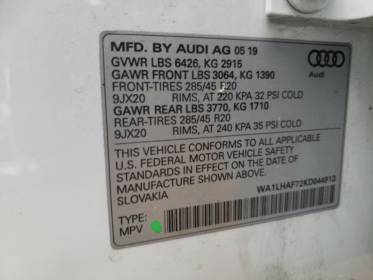Photo 10 from auction – 2019 AUDI Q7 PREMIUM with VIN WA1LHAF72KD044913