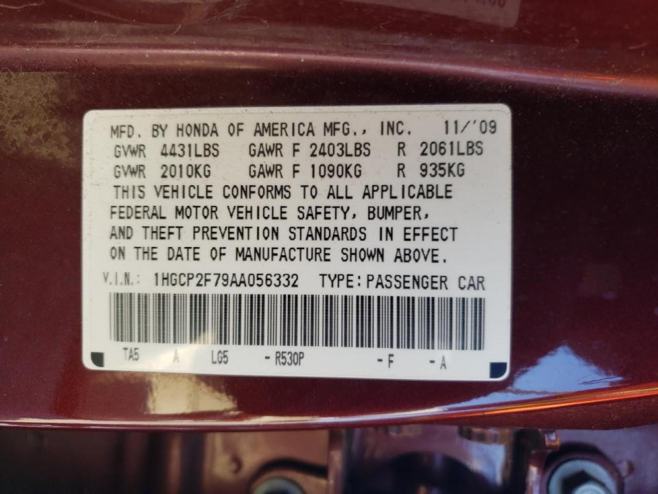 Photo 10 from auction – 2010 HONDA ACCORD EX with VIN 1HGCP2F79AA056332