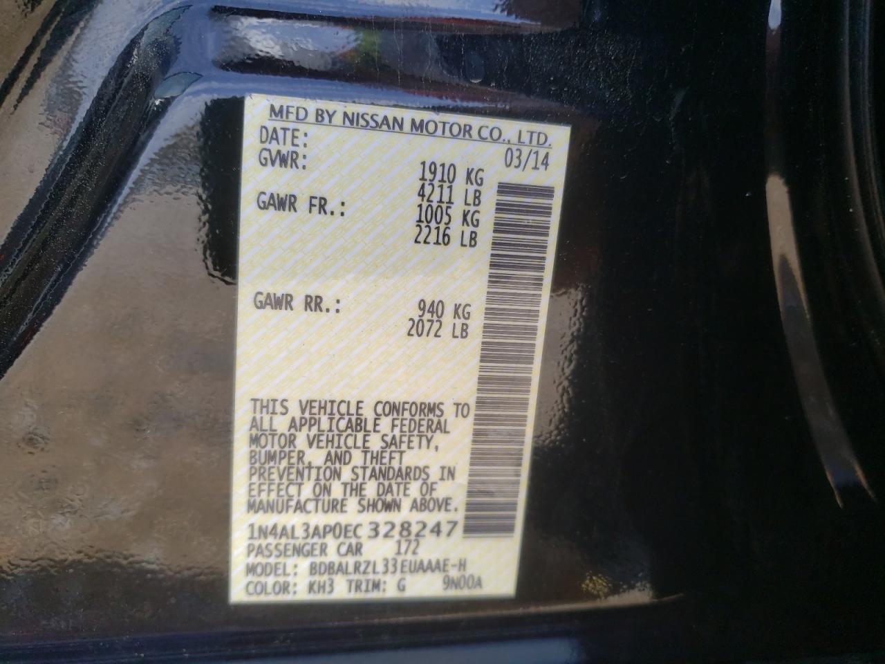 Photo 10 from auction – 2014 NISSAN ALTIMA 2.5 with VIN 1N4AL3AP0EC328247