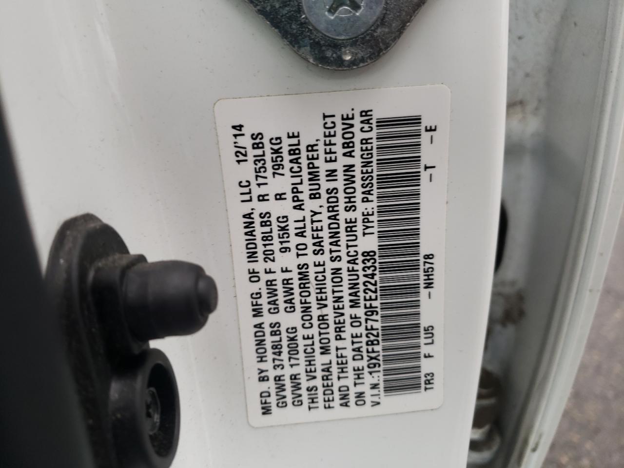 Photo 10 from auction – 2015 HONDA CIVIC SE with VIN 19XFB2F79FE224338