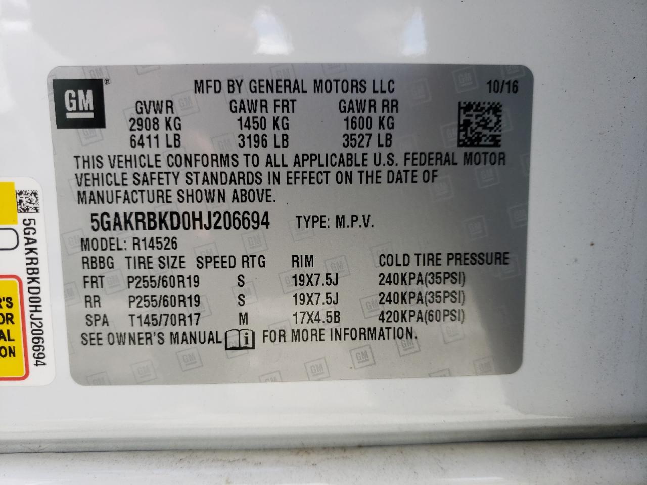 Photo 10 from auction – 2017 BUICK ENCLAVE with VIN 5GAKRBKD0HJ206694