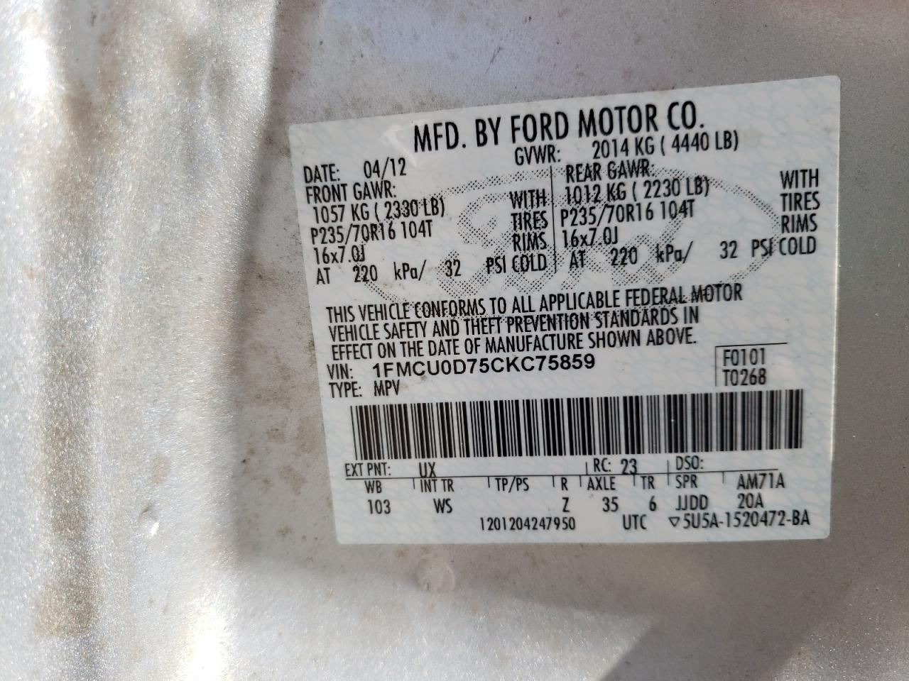 Photo 10 from auction – 2012 FORD ESCAPE XLT with VIN 1FMCU0D75CKC75859