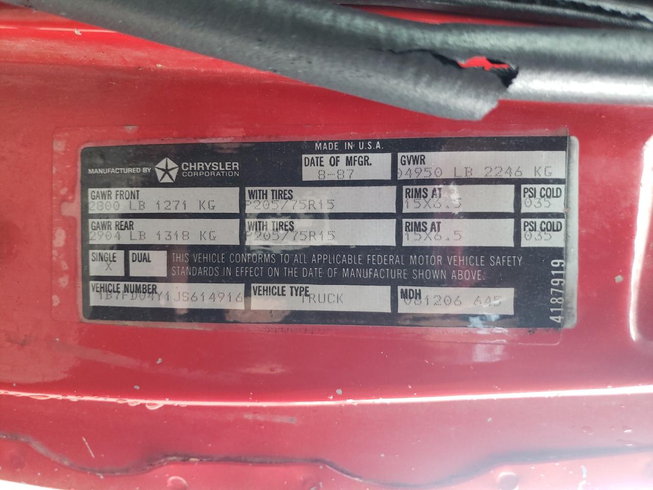 Photo 10 from auction – 1988 DODGE D-SERIES D with VIN 1B7FD04Y1JS614916