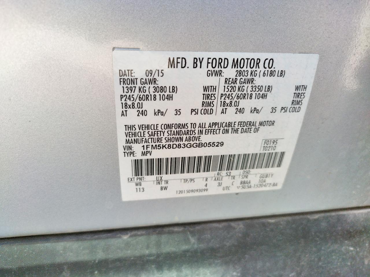 Photo 10 from auction – 2016 FORD EXPLORER X with VIN 1FM5K8D83GGB05529
