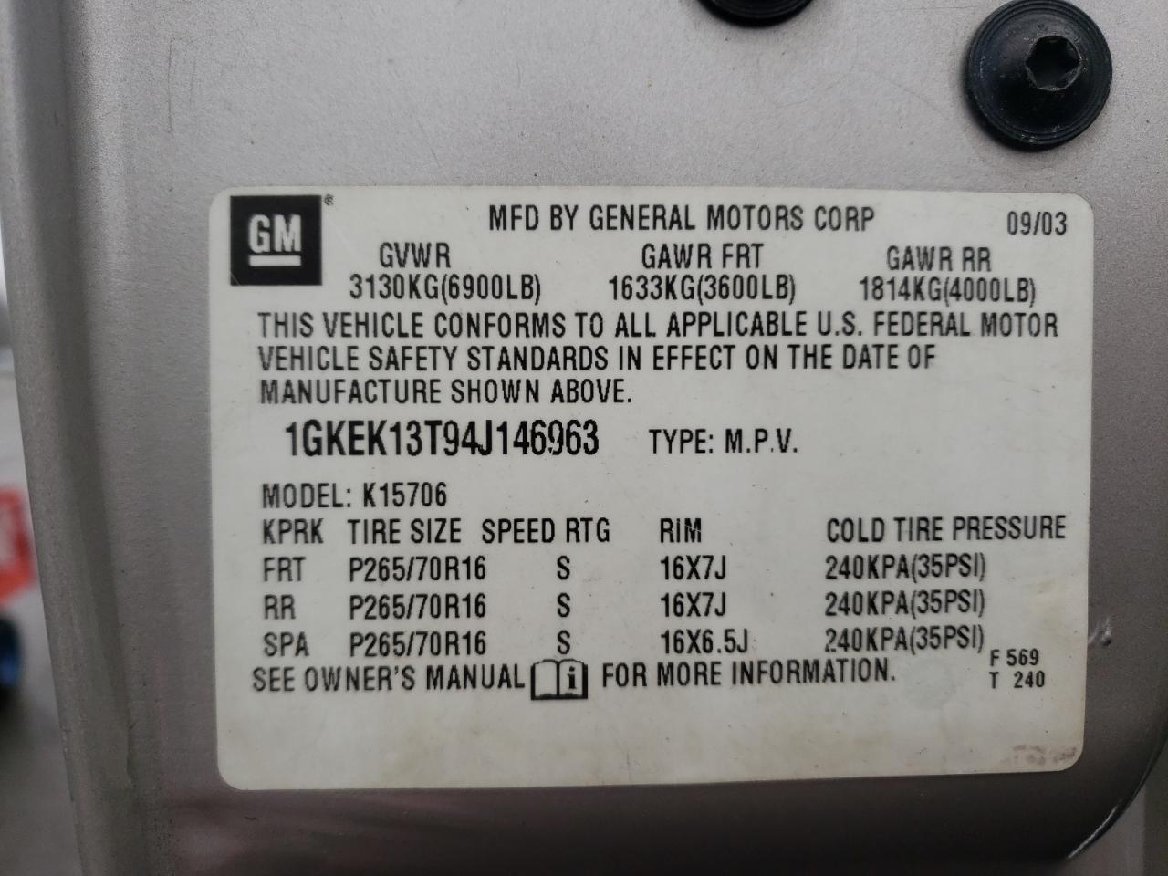 Photo 10 from auction – 2004 GMC YUKON with VIN 1GKEK13T94J146963
