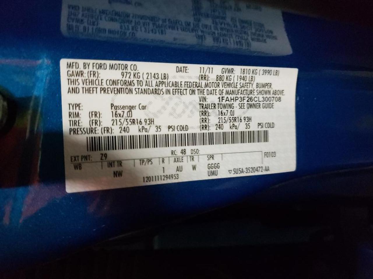 Photo 10 from auction – 2012 FORD FOCUS SE with VIN 1FAHP3F26CL300708