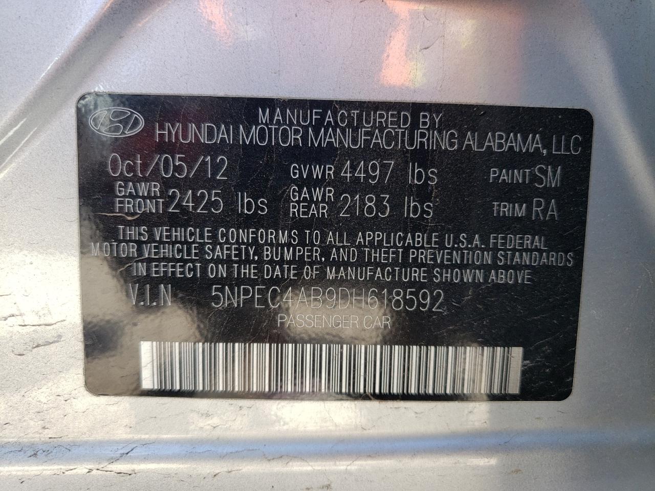 Photo 10 from auction – 2013 HYUNDAI SONATA SE with VIN 5NPEC4AB9DH618592